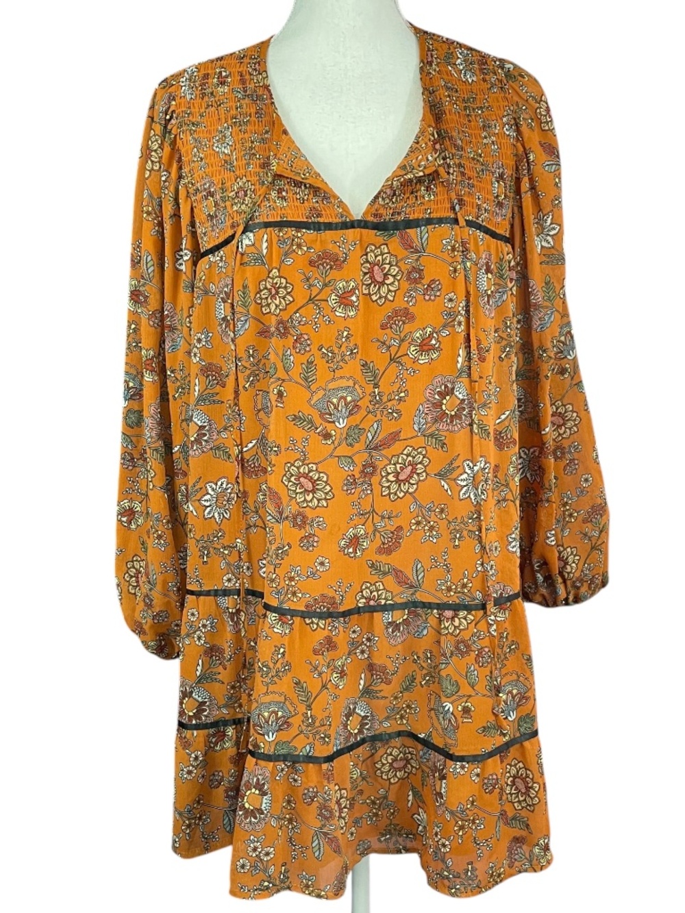 Gauze Boho Peasant Dress L Rust Orange Ethnic Floral Velvet Trim Tiered A-Line